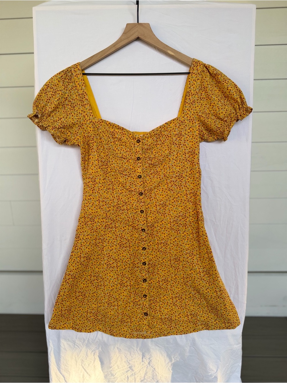 Kimchi Blue Yellow Floral Cottagecore Puff Sleeve Mini Dress M